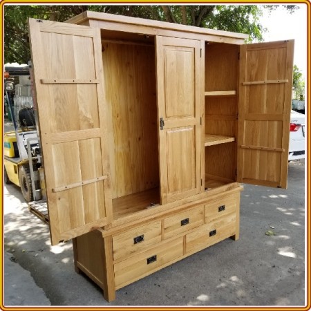 Rustic Oak : Tủ Áo 1m6 - Gỗ Sồi 3 Cánh + 5 Ngăn Kéo